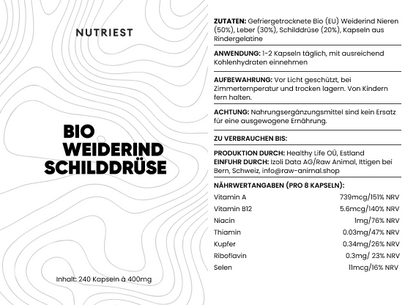 Dried Organic Pasture-Raised Beef Thyroid in Capsules
