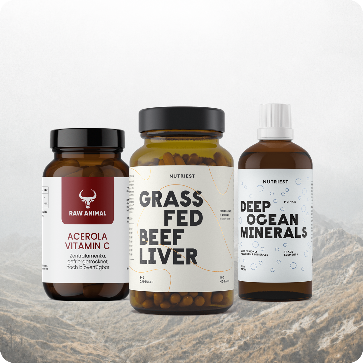 Energie-Trio: Bio Rinderleber Kapseln, Acerola Vitamin C Kapseln und Tiefsee Mineralien Tropfen