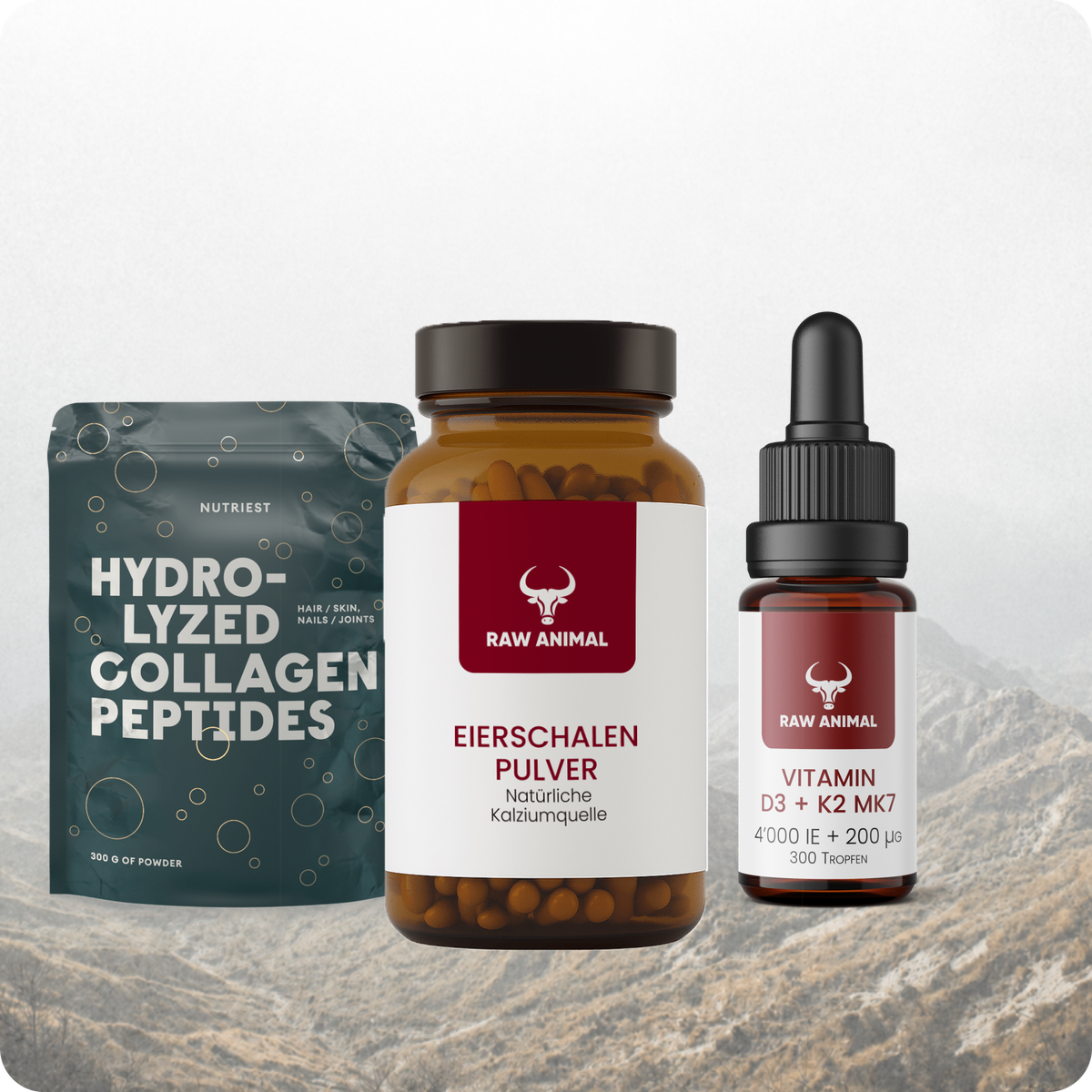 Knochen-Trio: Bio Eierschalen Pulver Kapseln, Vitamin D3 + K2 MK7 Tropfen und Kollagen Hydrolysat Pulver