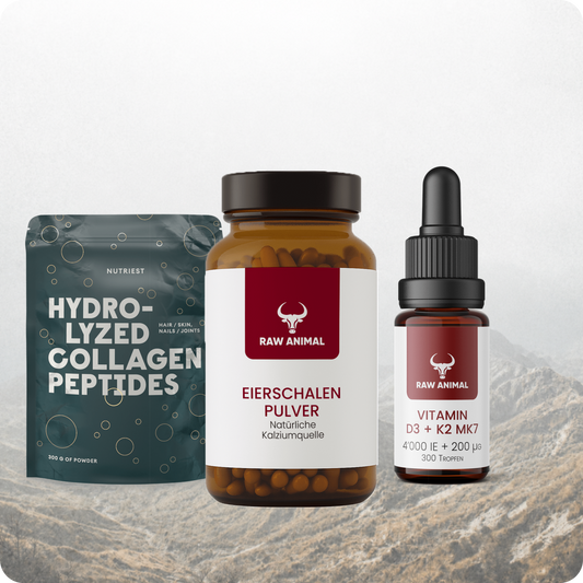 Knochen-Trio: Bio Eierschalen Pulver Kapseln, Vitamin D3 + K2 MK7 Tropfen und Kollagen Hydrolysat Pulver